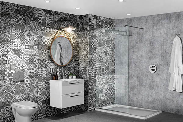 Geometric tile feature wall in a wet room bathroom