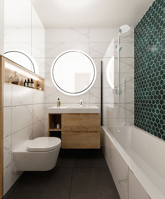 wall of dark green tiles against white tiles to expand the sense of space in a small bathroom