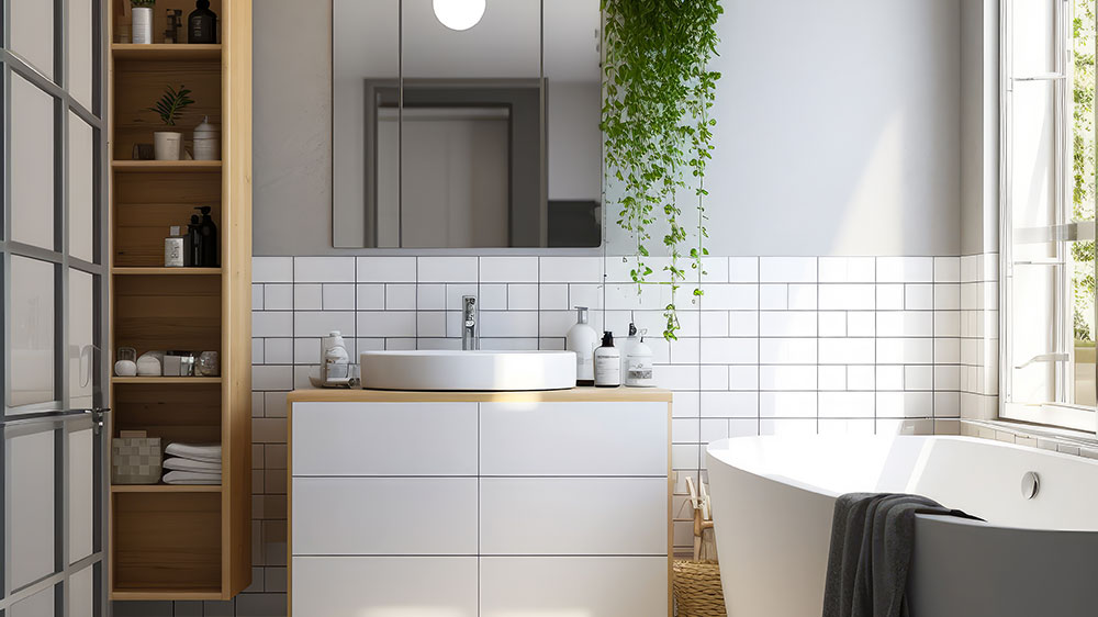 Bath, sink and storage in a neutral themed small bathroom