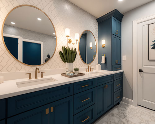 Sophisticated bathroom with white tiles accented by deep royal blue units, gold mirrors above the double sinks