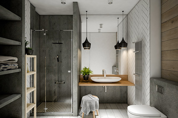 Bathroom with a grey theme, rainfall shower, built in storage and a large mirror over a sink